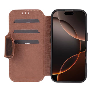 Bouletta Deri iPhone 16 Pro Max Kılıfı Kahverengi Infinix iPhone 16 Pro Max Deri Cüzdanlı Kılıf Premium Koruma