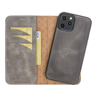 Bouletta Cep Telefonu Kılıfları iPhone 12 / 12 Pro / Gri iPhone 12 Serisi Cüzdanlı Çıkarılabilir Hakiki Deri Kılıf Premium Koruma