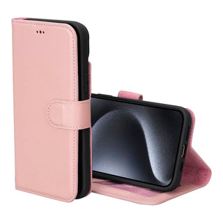 Bouletta Deri iPhone 15 Kılıfı Pembe iPhone 15 Cüzdanlı Çıkarılabilir Hakiki Deri Kılıf Premium Koruma