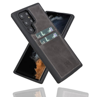 Bouletta Cep Telefonu Kılıfları Samsung Galaxy S22 Ultra / Gri Samsung Galaxy S22 Serisi Kartlıklı Deri Arka Kapak Premium Koruma