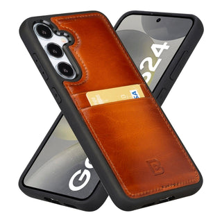 Bouletta Deri Galaxy S25 Kılıfı Turuncu Samsung Galaxy S25 Kartlıklı Deri Arka Kapak Premium Koruma