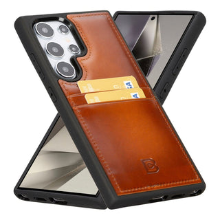 Bouletta Deri Galaxy S25 Ultra Kılıfı Turuncu Samsung Galaxy S25 Ultra Kartlıklı Deri Arka Kapak Premium Koruma