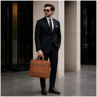 Bouletta Laptop Briefcase Tan Truro Leather Business Briefcase / Laptop Case 16" with Suitcase Premium Koruma