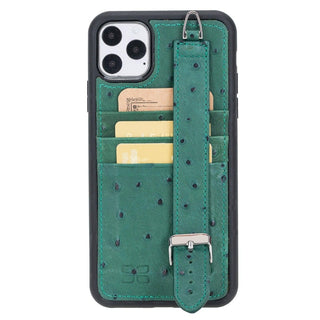 Bouletta Cep Telefonu Kılıfları iPhone 11 Pro / Ostrich Yeşil Apple iPhone 11 Serisi Bileklikli Deri Kartlıklı Arka Kapak Premium Koruma