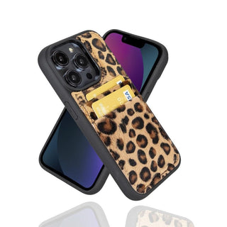 Bouletta Cep Telefonu Kılıfları iPhone 14 Pro / Leopar Desenli Apple iPhone 14 Serisi Kartlıklı Deri Arka Kapak Premium Koruma