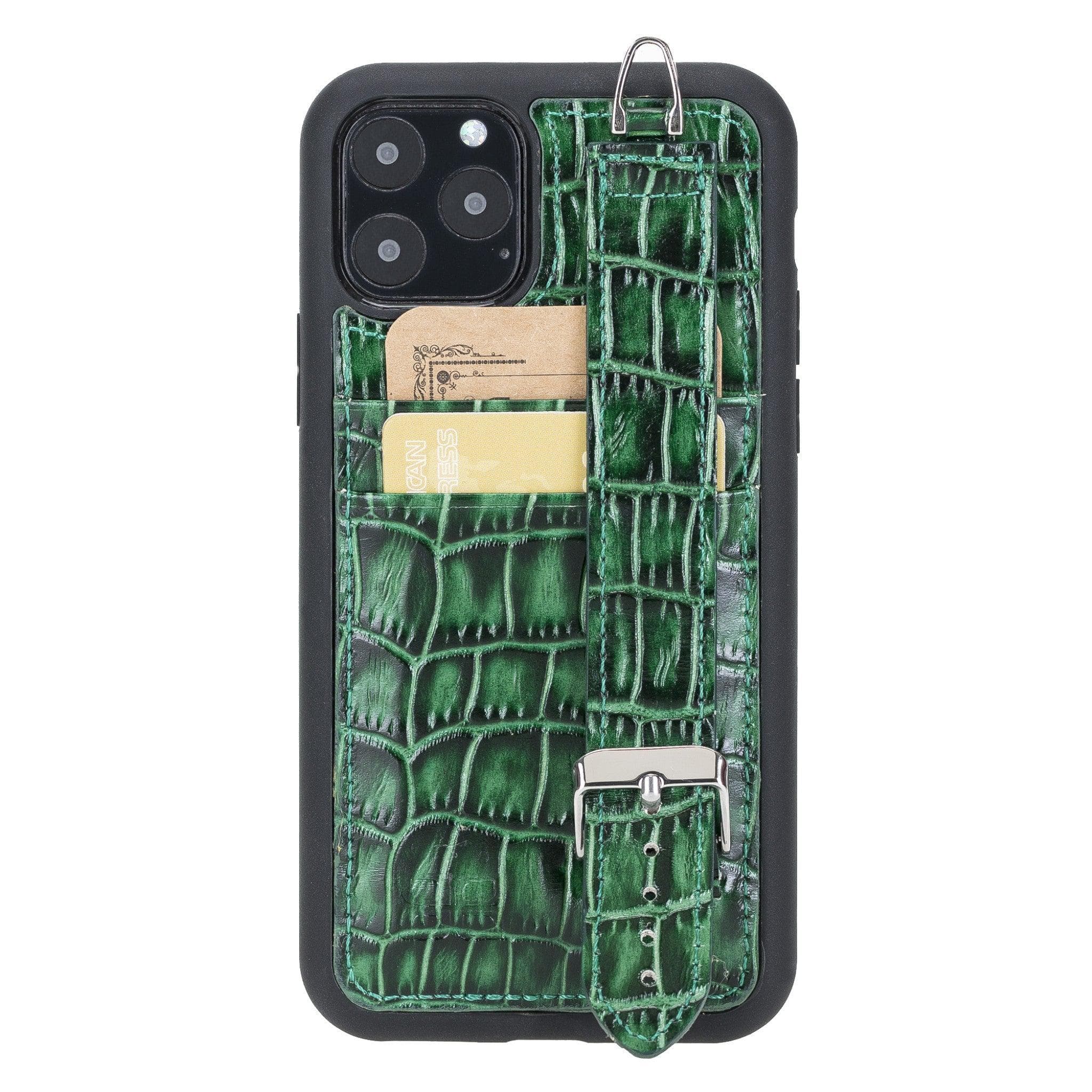 Bouletta Apple iPhone 11 Serisi Bileklikli Deri Kartlıklı Arka Kapak / iPhone 11 Pro Max / Crocodile Yeşil