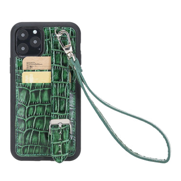 Bouletta Apple iPhone 11 Serisi Bileklikli Deri Kartlıklı Arka Kapak / iPhone 11 Pro Max / Crocodile Mor
