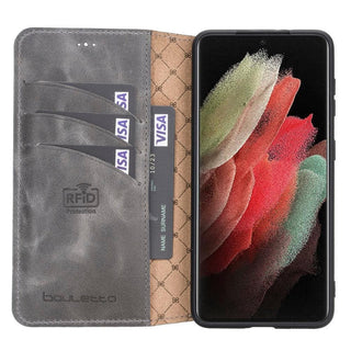 Bouletta Cep Telefonu Kılıfları S21 / Gri Samsung Galaxy S21 Serisi Cüzdanlı Deri Kılıf Premium Koruma